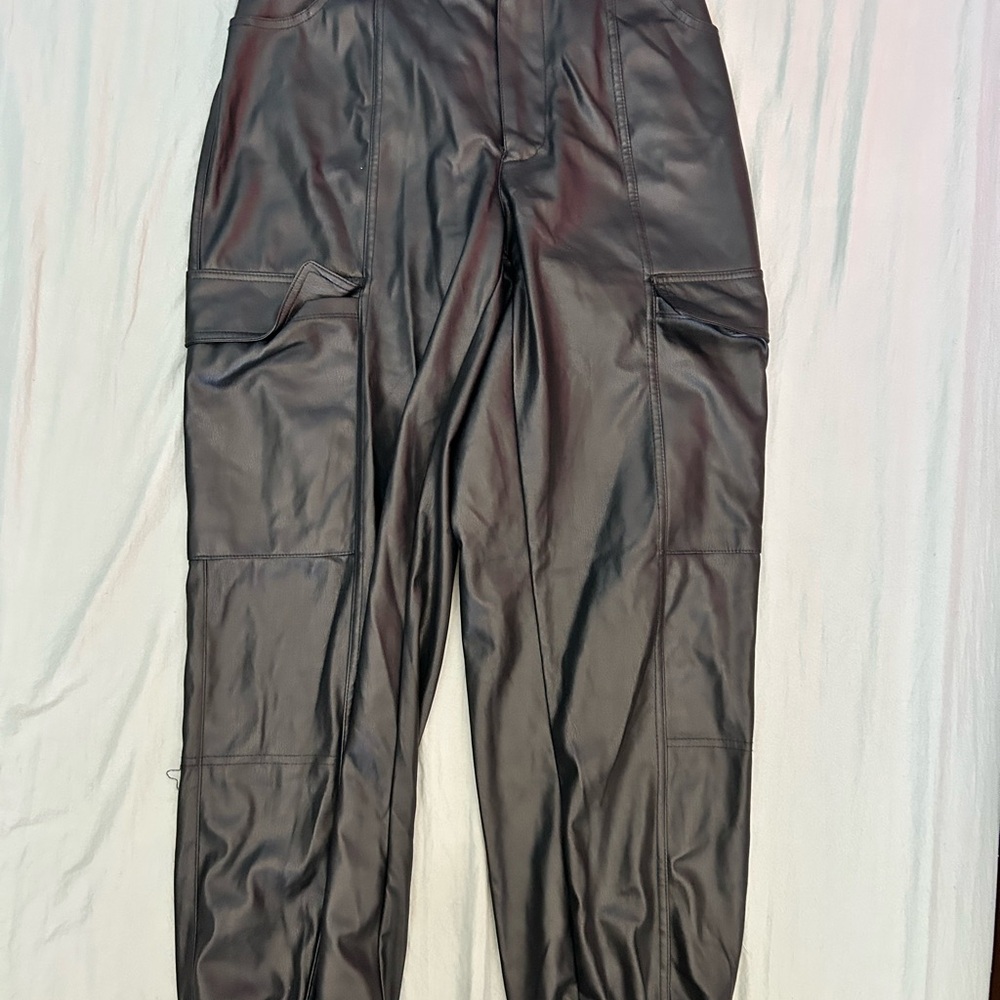 Women's Black Faux Leather Cargo Pants